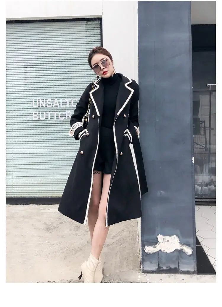 Women White Long Woolen Coat Autumn Winter British Hepburn Style Thicken Slim Double-Breasted Woolen Coat New Women Outwear