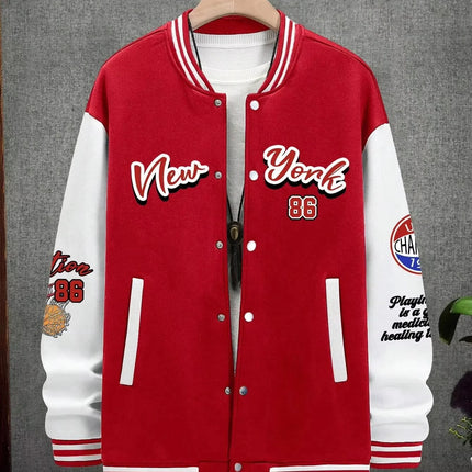 Summer Manfinity EMRG Oversized Men's Drop Shoulder Varsity Jacket with Letter Graphic Striped Trim and Colorblock Design