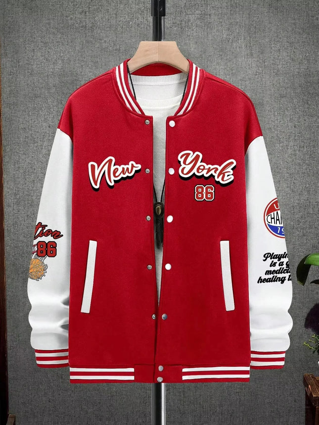 Summer Manfinity EMRG Oversized Men's Drop Shoulder Varsity Jacket with Letter Graphic Striped Trim and Colorblock Design