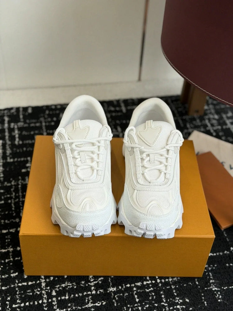 Minimalist Pure White Mesh & Leather Hiking‑Style Dad Sneakers Serrated Non‑Slip Thick Sole Triangle Tongue Decor Elevated Casual Ladies Athletic Shoes
