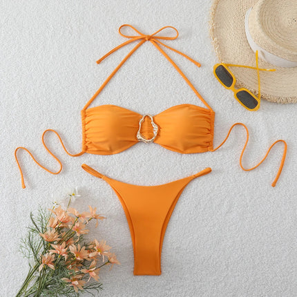 Costume da Bagno da Spiaggia alla Moda, Set Bikini a Perizoma per Donna, Sexy Costume da Bagno a Triangolo con Lacci, Due Pezzi, Stile Brasiliano, Tinta Unita platinumshop