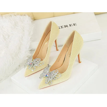 BIGTREE Scarpe Designer Nuove donne Décolleté Strass Farfalla Nodo Punta a punta Flock 10CM Tacchi sottili Scarpe da donna mature super alte