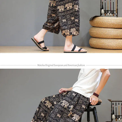 Pantaloncini da uomo estivi Pantaloni larghi casual comodi in cotone Pantaloni tradizionali al polpaccio retrò Pantaloncini traspiranti da uomo Streetwear