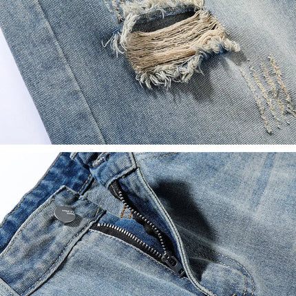 New vintage casual loose fit men's jeans with high street style straight leg denim pants for teenagers, torn knees and damaged PlatiNum