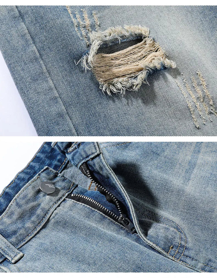 New vintage casual loose fit men's jeans with high street style straight leg denim pants for teenagers, torn knees and damaged PlatiNum