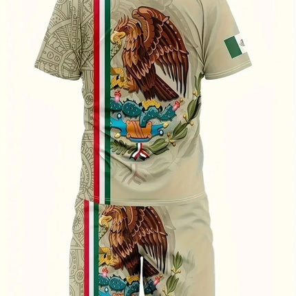 New Men's Two-Piece Suit Fashion Scottish Print Summer O-neck Short Sleeve Polo + Shorts Men's Two-Piece Set