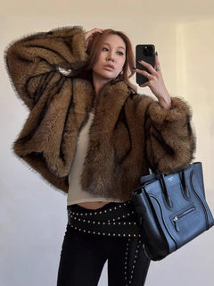 ZADORIN Oversized Fluffy Brown Faux Fur Coat Woman Clothes Winter Lapel Long Sleeve Short Fur Jackets for Woman Tops Outerwears