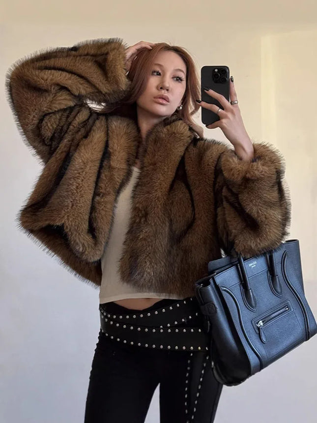 ZADORIN Oversized Fluffy Brown Faux Fur Coat Woman Clothes Winter Lapel Long Sleeve Short Fur Jackets for Woman Tops Outerwears