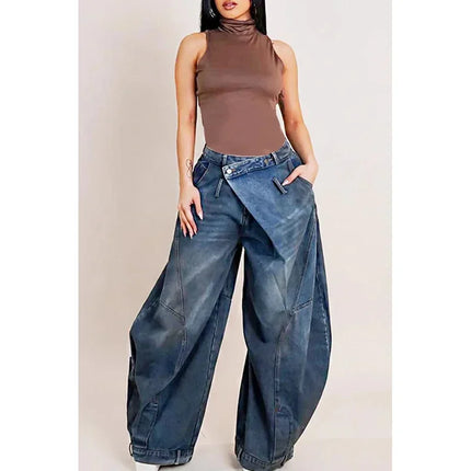 Y2K Jeans denim larghi da donna Tasca con bottoni asimmetrica Jean lavato Pantaloni casual Harajuku High Street Grunge Denim Trouders