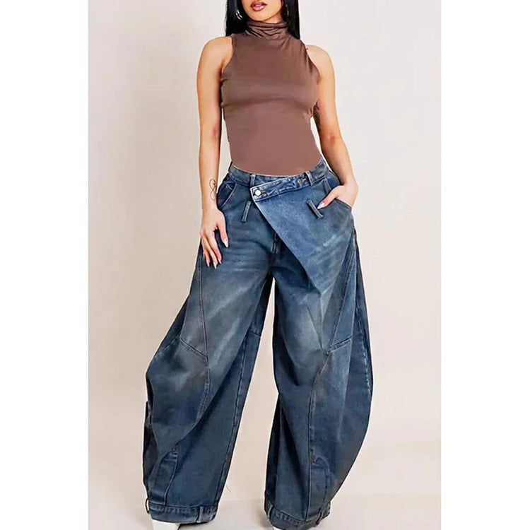 Y2K Jeans denim larghi da donna Tasca con bottoni asimmetrica Jean lavato Pantaloni casual Harajuku High Street Grunge Denim Trouders