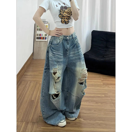 Jeans da donna stile americano vintage lavato con strappi, a gamba larga e dritta, vita alta, lunghezza maxi
