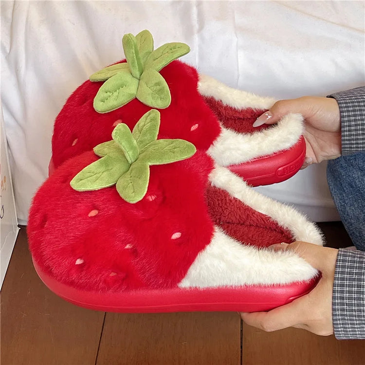 Cute Strawberry Design Furry Cotton Slippers Women's Winter Thick Soled Anti Slip Indoor Home Slippers Comfort Plush Warm Shoes