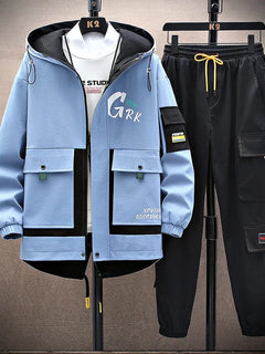 Spring Casual Men Sets Two Pieces Fashion Korean Trend Hooded Jacket + Pants Autumn Baseball Uniform Suit Man Outfit