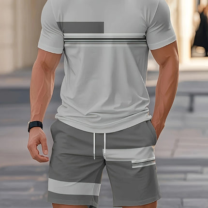 2026 Summer New Arrival Men's Casual Two-piece Set 2026 Striped Print Short Sleeve Shirt and Sports Shorts Men's Fitness Set