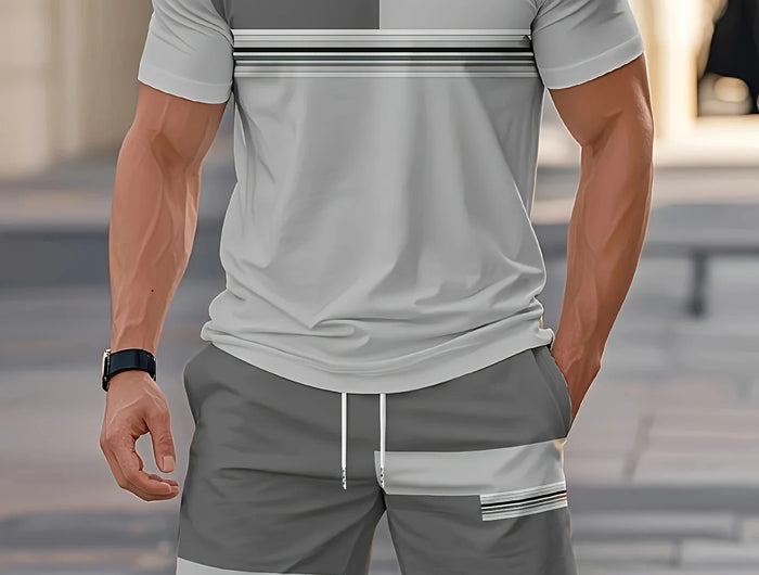 2026 Summer New Arrival Men's Casual Two-piece Set 2026 Striped Print Short Sleeve Shirt and Sports Shorts Men's Fitness Set