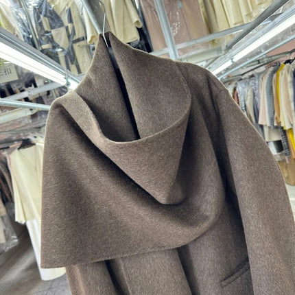 Newest Luxury Coffee Scarf Collar Wool Coat Women Loose Elegant Ladies Autumn Winter Jacket Causal Handmade Women's Jacket2025