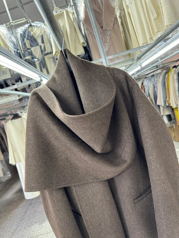 Newest Luxury Coffee Scarf Collar Wool Coat Women Loose Elegant Ladies Autumn Winter Jacket Causal Handmade Women's Jacket2025