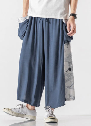 Men's Summer Harajuku Harem Pants Cotton Linen Joggers Mens Calves Length Loose Vintage Japanese Ukiyo-e Print Pants