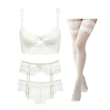 Varsbaby Sexy Floral Lace Underwire Push Up Lingerie Set 4pcs/lots Bra+panties+garter+stockings Lingeries Sexy Hot Costume Woman