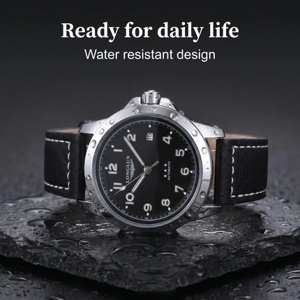 LONGLUX Men Automatic Watch Vintage Pilot Business Classic Military Mechanical Watches Date Waterproof Luminous Leather Gift