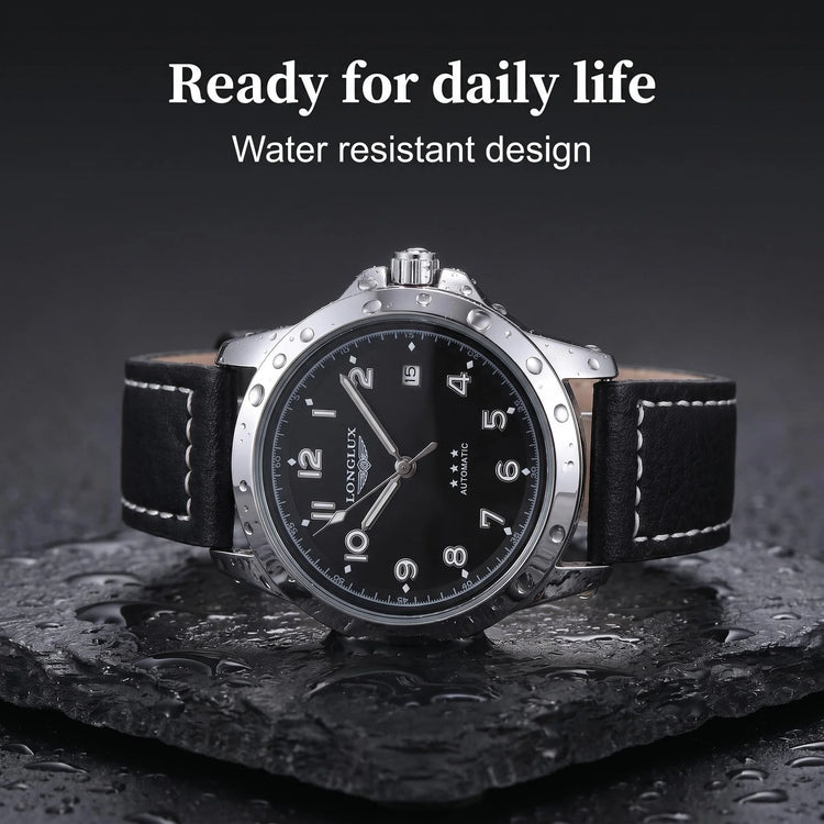 LONGLUX Men Automatic Watch Vintage Pilot Business Classic Military Mechanical Watches Date Waterproof Luminous Leather Gift