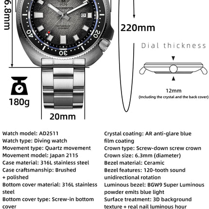ADDIESDIVE New 43.8mm Watch for Men Dive AD2511 Luxury Sapphire Quartz Wristwatch 100m Waterproof Stainless Steel Luminous Watch