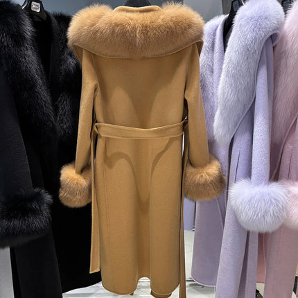 YOLOAgain Women's 100% Wool Coat Long With Detachable Real Fox Fur Collar 2025 Autumn Elegant Double-Sided Wool Coat