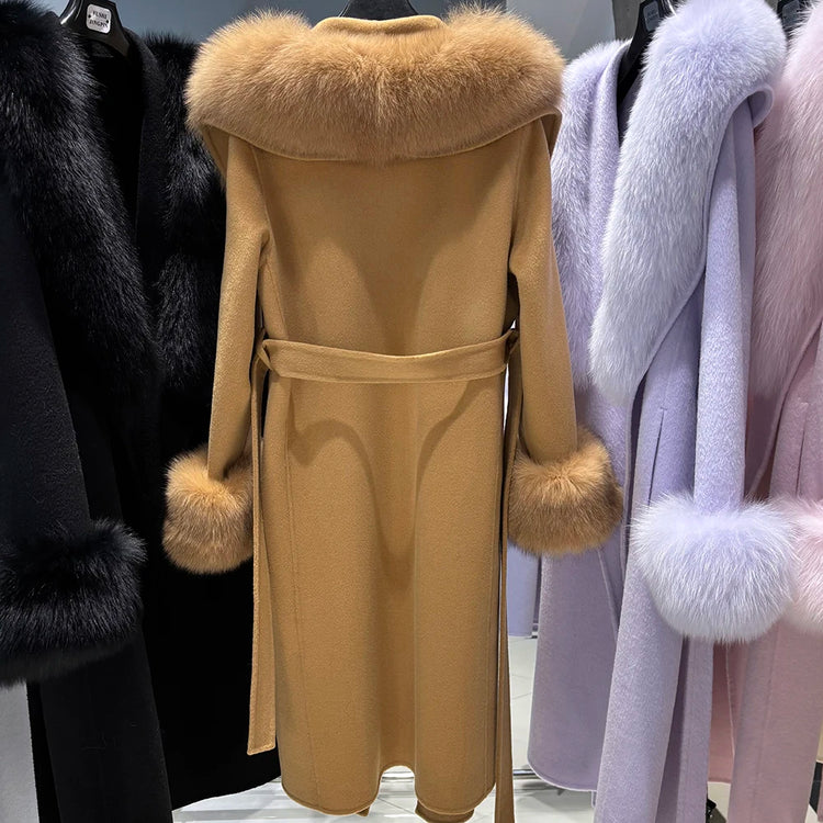 YOLOAgain Women's 100% Wool Coat Long With Detachable Real Fox Fur Collar 2025 Autumn Elegant Double-Sided Wool Coat