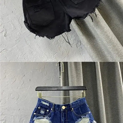 Shorts in denim da donna a vita alta, strappati, con orlo grezzo e sfilacciato, casual, hot pants - platinumshop