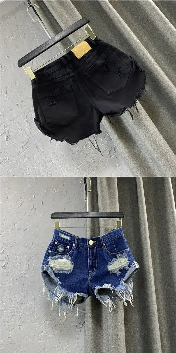 Shorts in denim da donna a vita alta, strappati, con orlo grezzo e sfilacciato, casual, hot pants - platinumshop
