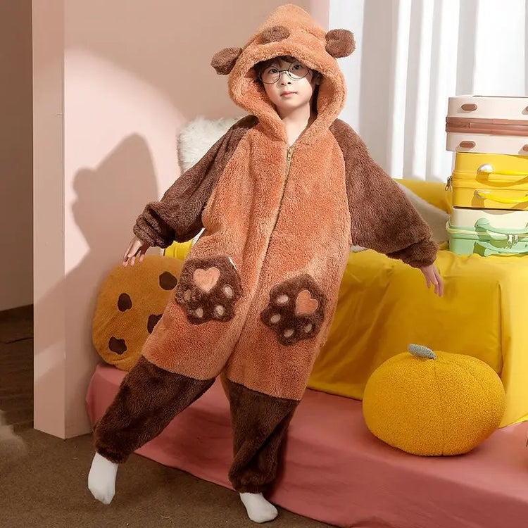 Family Matching Hooded Jumpsuit Cartoon Cypabara Onesie Winter Warm Sleepwear Boys Girls Pajamas Christmas Cartoon Home Clothes