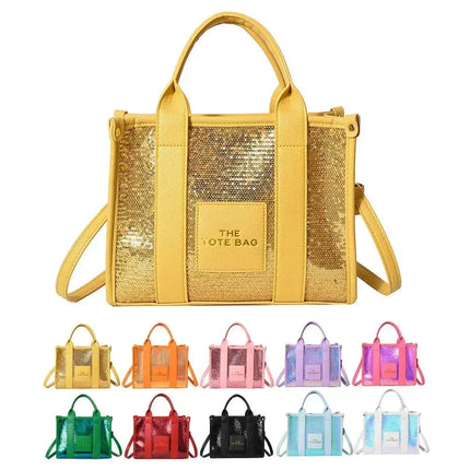 Sequins Top-Handle Bags Fashion PU Leather Shoulder Bag Large Capacity Travel Handbag Women Trendy Casual Satchel Tote Purse PlatiNum