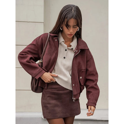 Brown Suede Leather Short Coats Women Solid Stand Collar Zipper Waist Belted Cropped Jackets 2026 Lady Autumn Y2k Casual Outwear