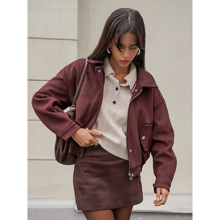 Brown Suede Leather Short Coats Women Solid Stand Collar Zipper Waist Belted Cropped Jackets 2026 Lady Autumn Y2k Casual Outwear