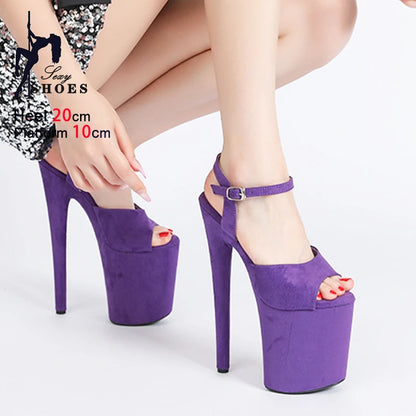 Purple Super High Heel Nightclub Stage Shoes Women 20CM Stiletto Suede Pole Dance Sandals Model Catwalk Show Summer High Heels