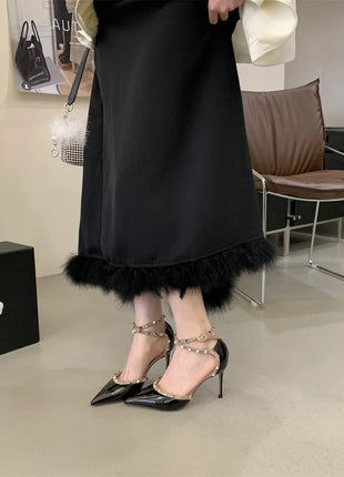 Sandali Donna alla Moda con Rivetti, Nuovo Stile Primavera 2026, Tacchi Alti con Cinturino Sottile, Eleganti Décolleté Color Nude per Estate Autunno platinumshop