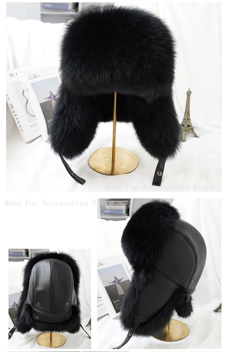 New Winter Men's 100% Real Silver Fox Fur Bomber Hat Raccoon Fur Ushanka Cap Trapper Russian Man Ski Hats Caps Real Leather