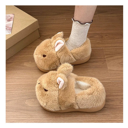 New Cute 3D Rabbit Furry Slippers Women Winter Warm Plush Closed Back House Shoes Non Slip Bunny Indoor Flip Flops Home Slipper