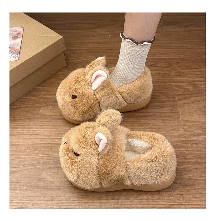 New Cute 3D Rabbit Furry Slippers Women Winter Warm Plush Closed Back House Shoes Non Slip Bunny Indoor Flip Flops Home Slipper