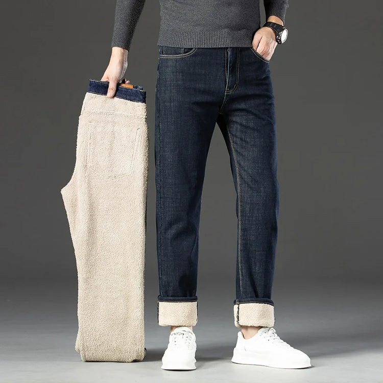 Soft Comfort Thicken Elastic Jeans Male Winter Warm Fleece Work Trousers Men Plush Wool Stretch Loose Straight Denim Pants