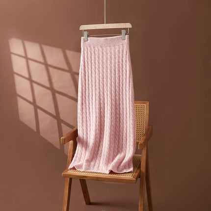 Autumn Winter 100% Cashmere Skirt Women Soild Mid-calf  High Waist Twist Flower Fit Slimming Knitted Dress  Light Luxury Elegant PlatiNum