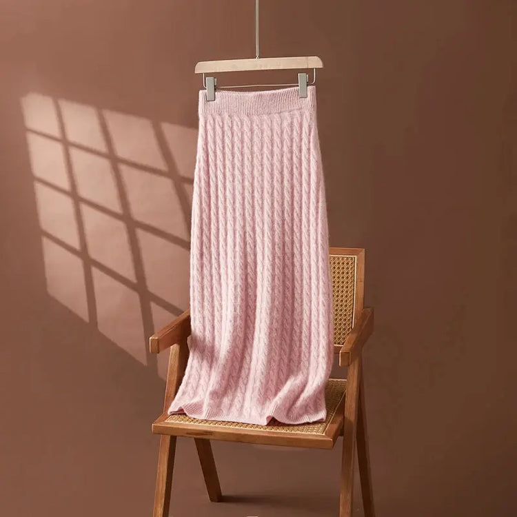 Autumn Winter 100% Cashmere Skirt Women Soild Mid-calf  High Waist Twist Flower Fit Slimming Knitted Dress  Light Luxury Elegant PlatiNum