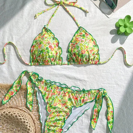 Nuovo Set Bikini Donna Estivo con Stampa Floreale Arancione, Halter con Volant, Push-Up e Perizoma con Laccetti Laterali PlatiNum