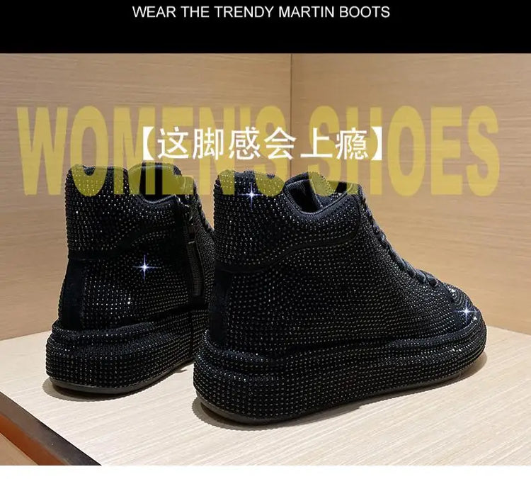 Designer Platform Sneakers Full Diamond Luxury Shoes Versatile Flat Bottom High-top Casual Skateboard Shoes Zapatos De Mujer