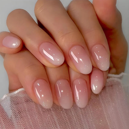 24Pcs Short Oval Gradient Pink Press On Nails Glossy Finish Full Cover False Nails for Women&Girl Removable Wearable Nail Art