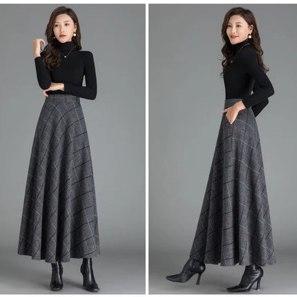 New Women Woolen Plaid Skirt Autumn Winter Fashion Elastic High Waist A-Line Wool Blended Long Skirt Simplicity Vintage Skirt PlatiNum