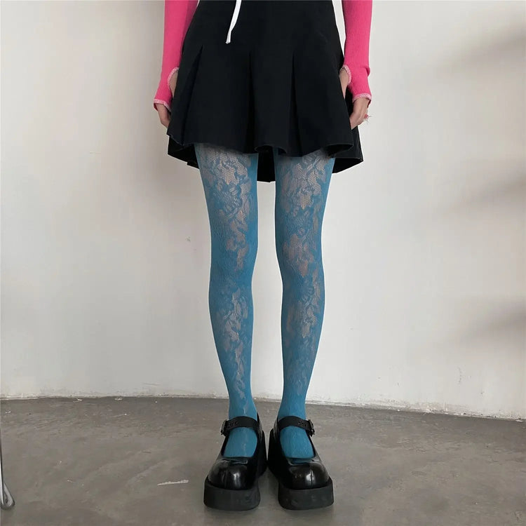 Calze di seta scavate a rete con ricamo floreale sexy da donna Collant a rete per pesci JK Collant Harajuku hipster colorato per ragazze fresche