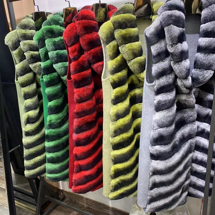 Women's Real Natural Rex Rabbit Fur long vest Chinchilla Color Waistcoat Furry Winter Warm Fluffy Vest Korean Length 90cm 240519