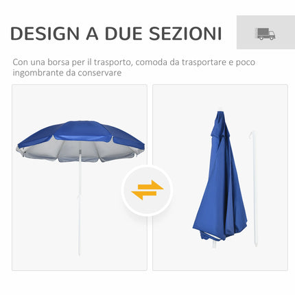 Outsunny Ombrellone da Spiaggia Ø1.9x2 m con Tettuccio Reclinabile a 45°, Tendina Laterale con Finestre e 2 Tasche, Ombrellone da Mare con 8 Stecche e Design a 2 Sezioni in Acciaio e Poliestere, Blu