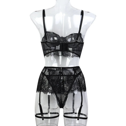 Sexy Erotic Womens Western Style Handmade Pearl 4 Piece Set Sensual See Through Lace Alluring Bowknot Attractive Breathable Set